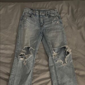 AE Stretch Super High Waisted Ripped Ankle Straight Jean